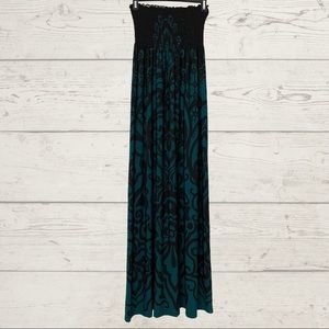 Audrey 3+1 strapless maxi dress~ green & black art nouveau pattern ~ SIZE M~ GUC